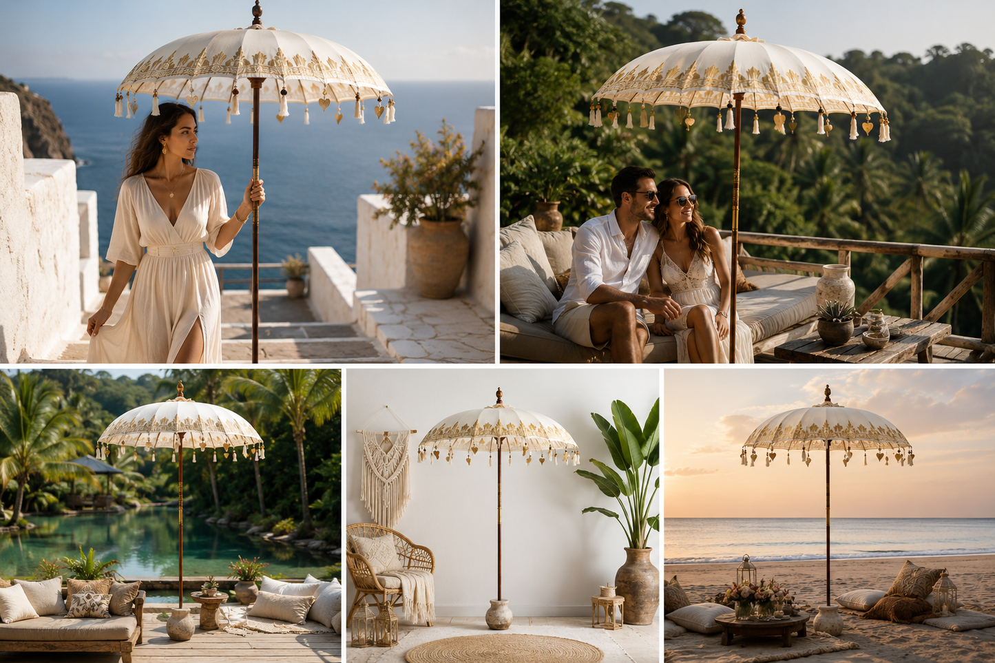 Bali-Terrassenschirm Baumwolle Weiß-Gold (2 m)