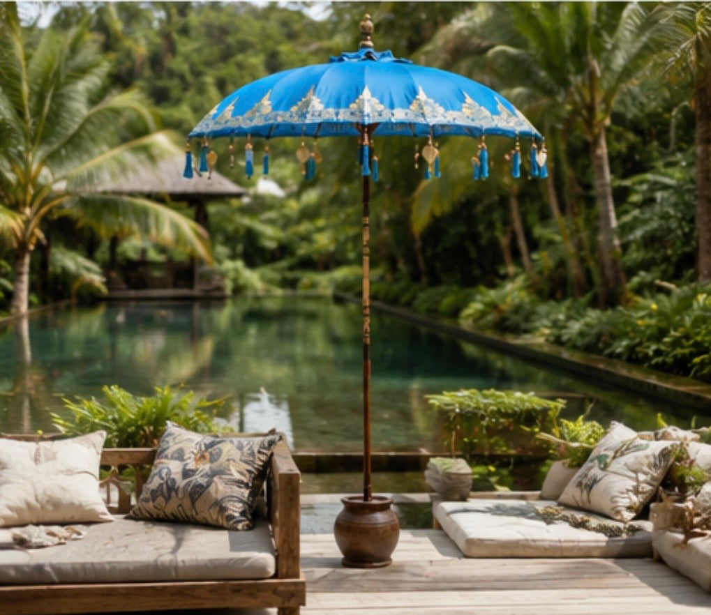 Bali-Terrassenschirm Baumwolle Blau-Gold (2 m)