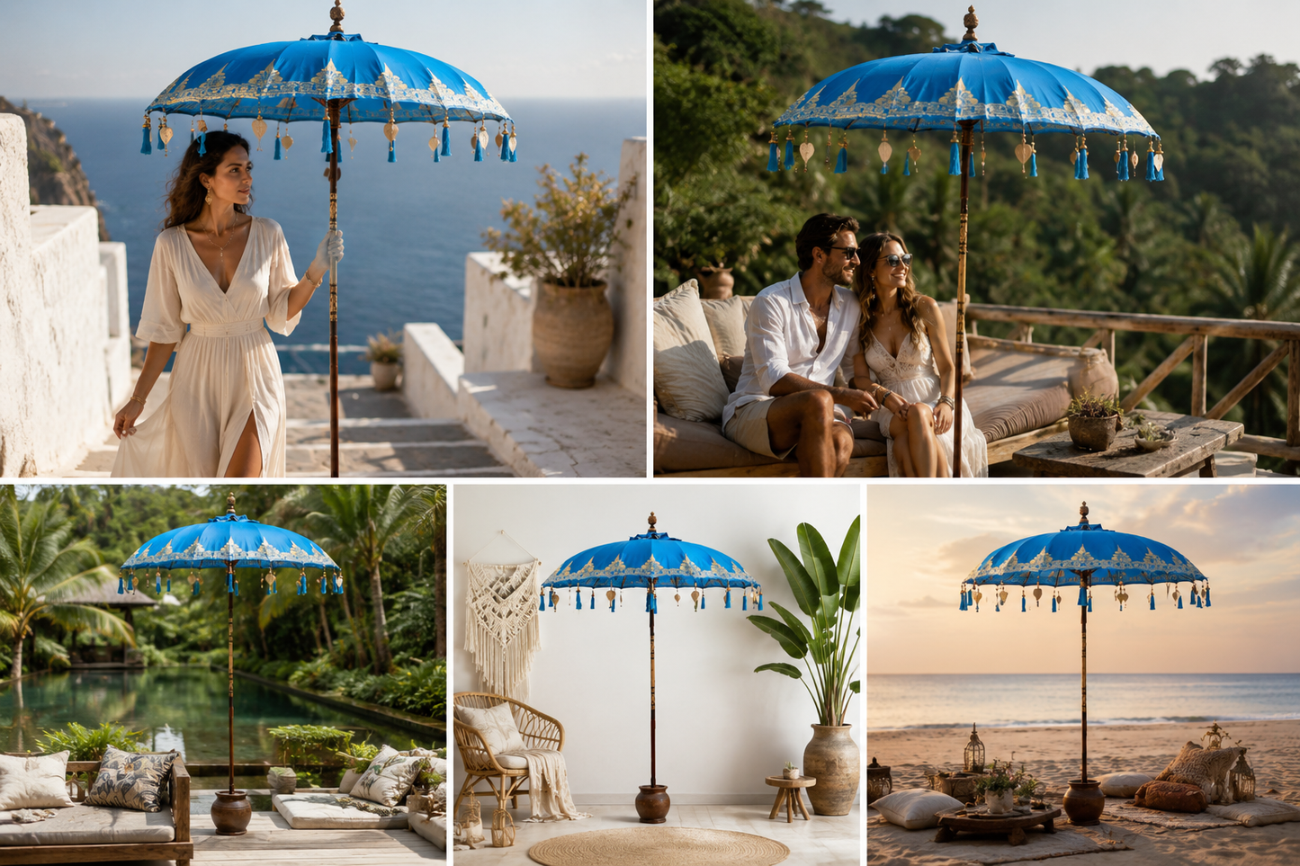 Bali-Terrassenschirm Baumwolle Blau-Gold (2 m)