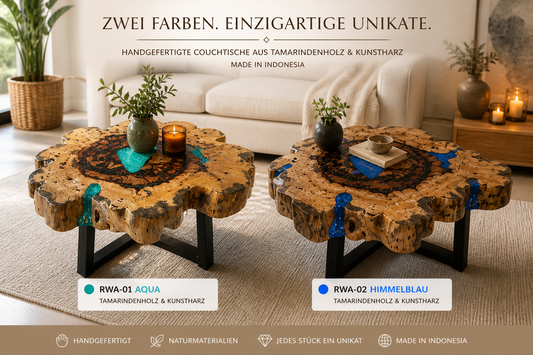 Designer Couchtisch aus Tamarindenholz & Kunstharz – Handgefertigt | Unikat aus Indonesien