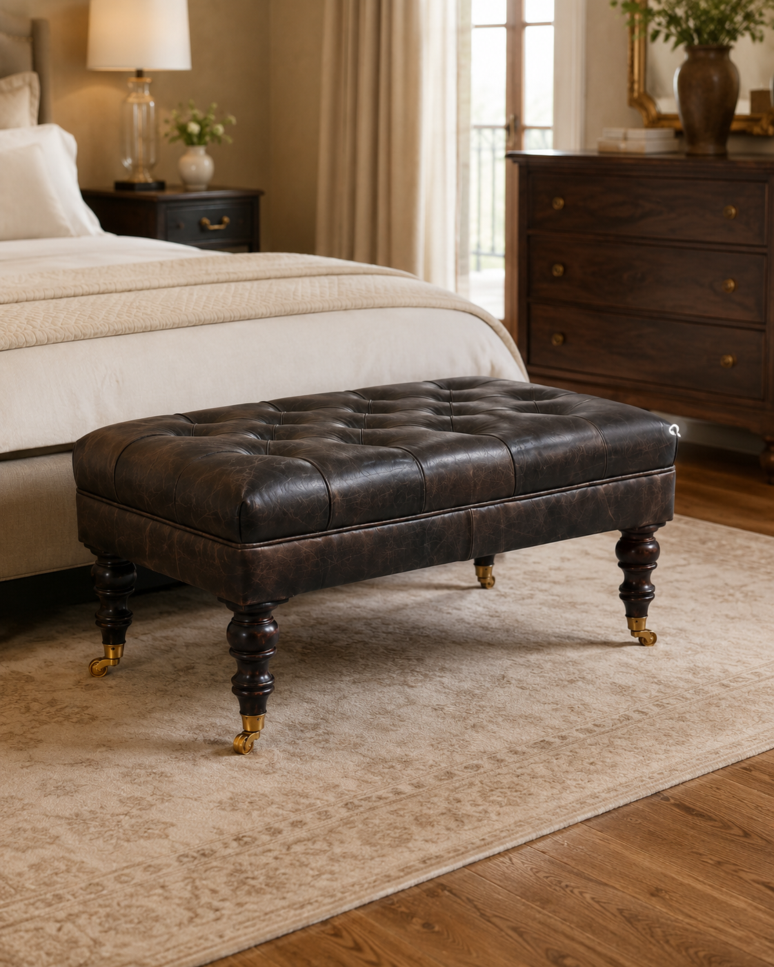 Buffalo Ash Black Leather Ottoman – Büffelleder & Massivholz mit Rollen