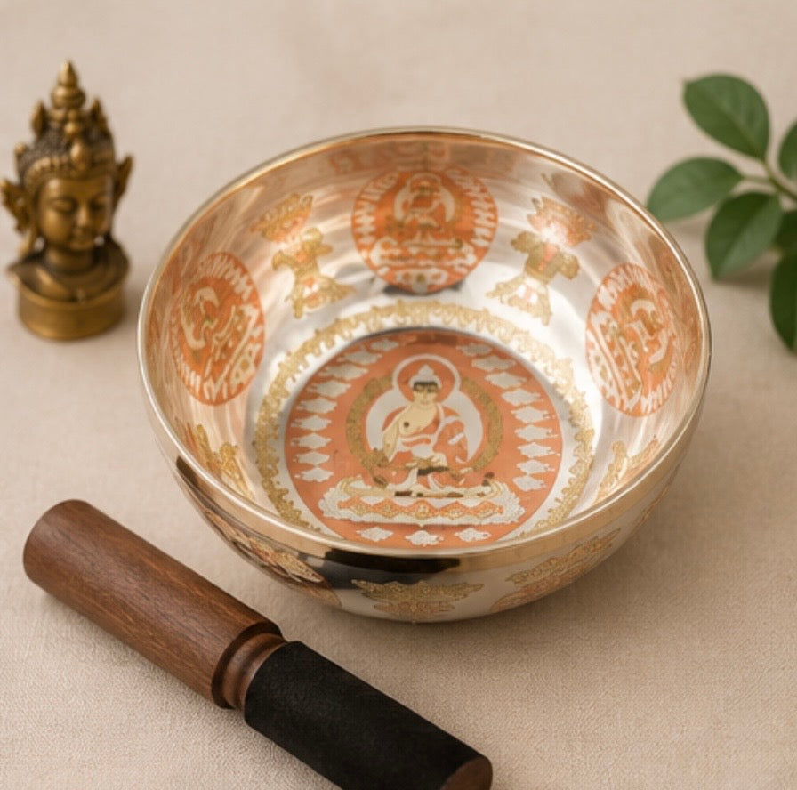 Silberbeschichtete Klangschale Medizin-Buddha – Handgefertigt aus Nepal - 23 cm