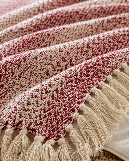 Boho-Überwurf „Rubinrot“, zweifarbig - 100% Baumwolle - 125 x 150 cm