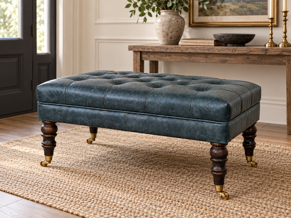 Teal Büffelleder-Ottoman mit gedrechselten Holzbeinen und Messingrollen - 100% Mangoholz