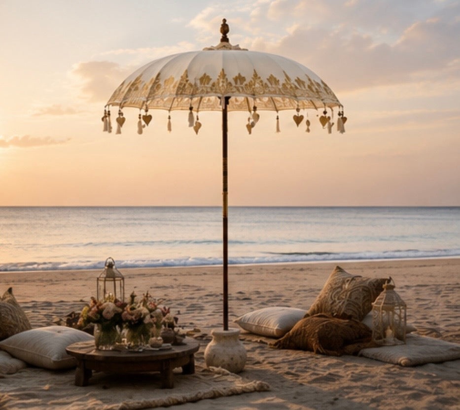 Bali-Terrassenschirm Baumwolle Weiß-Gold (2 m)