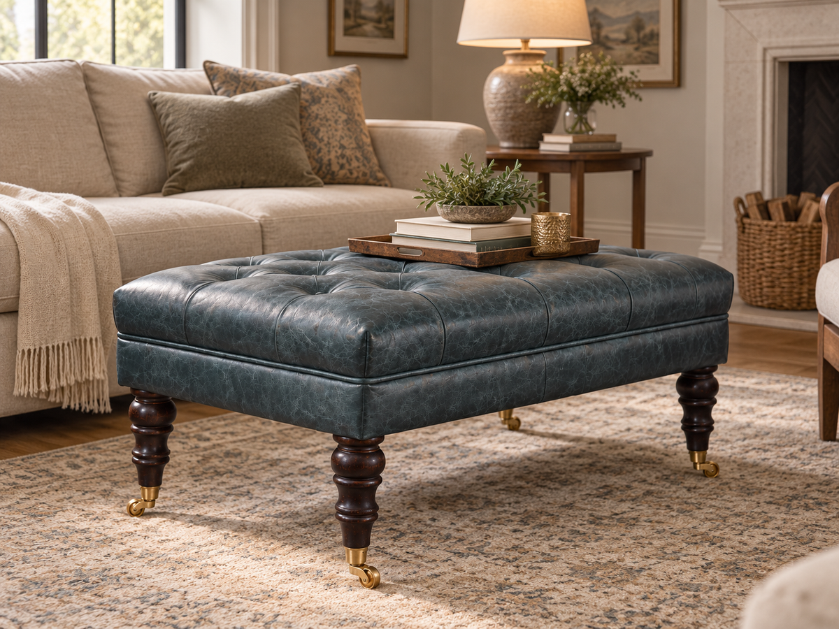 Teal Büffelleder-Ottoman mit gedrechselten Holzbeinen und Messingrollen - 100% Mangoholz