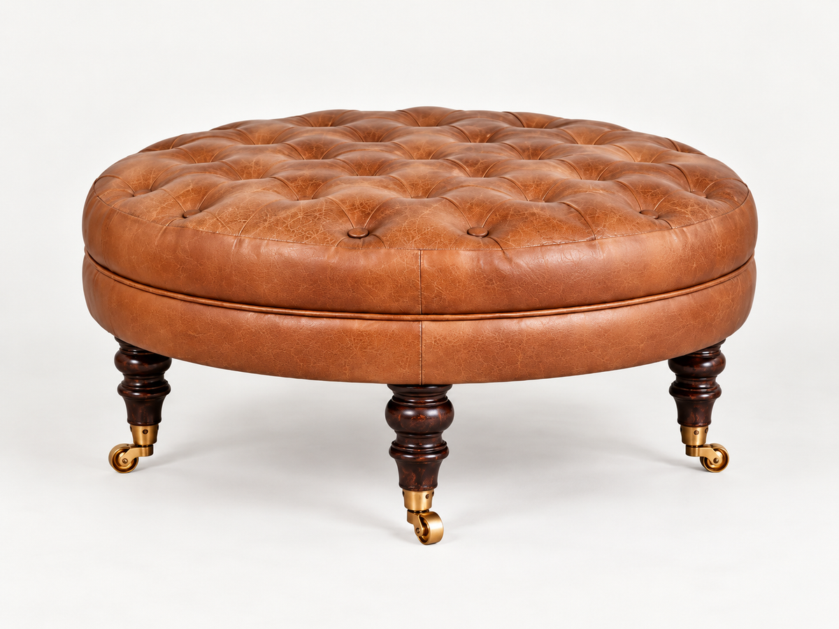Runder Buffalo-Leder Ottoman mit Rollenfüßen – Braun