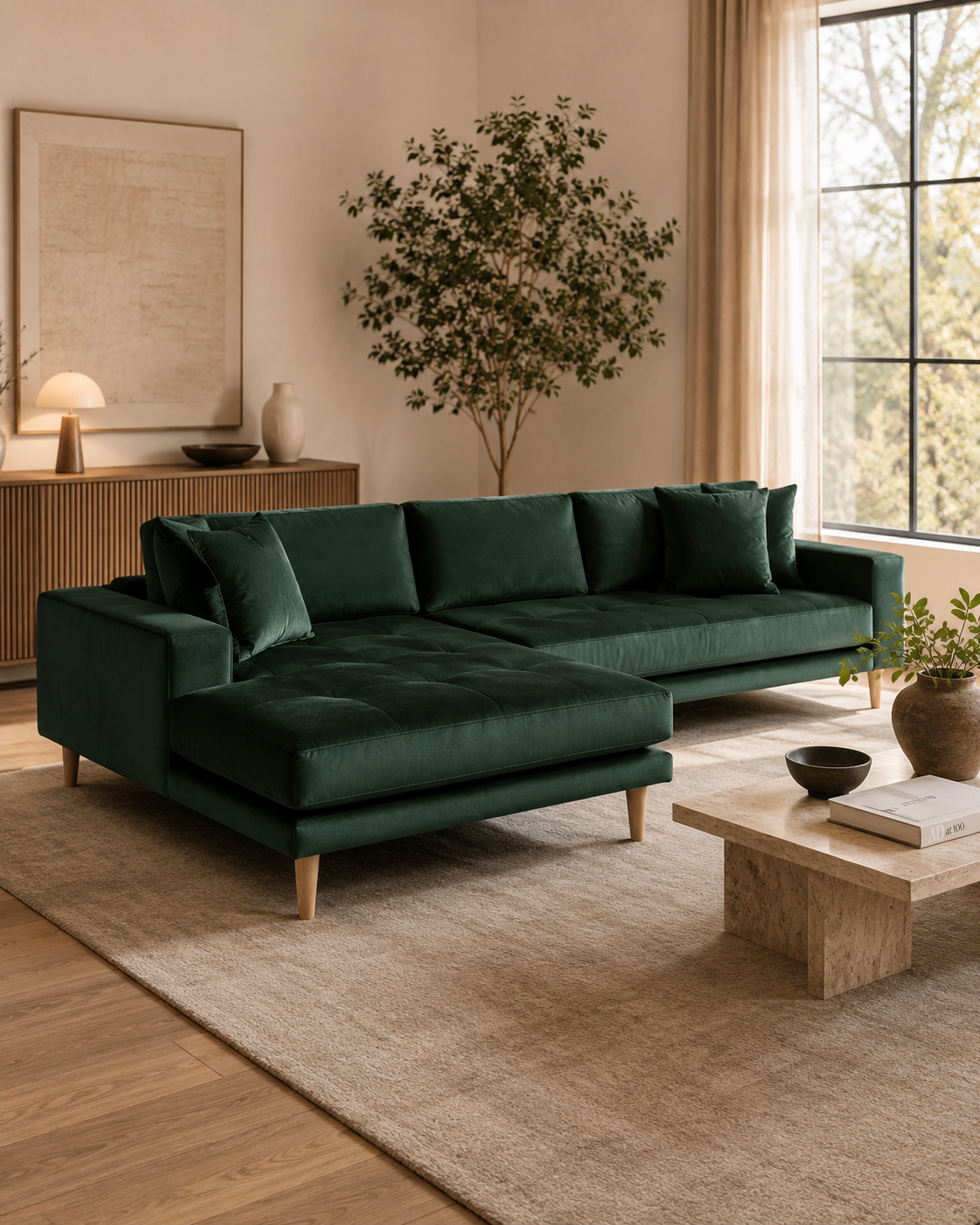 LIDO Lounge Sofa Dunkelgrün – Samt – Longchair links