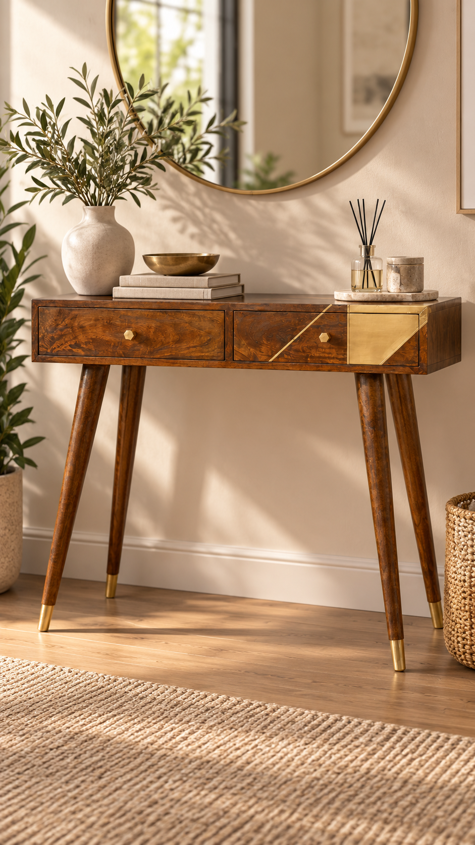 Gold Geo Chestnut Konsolentisch - 100% Massiv Mangoholz & Messing