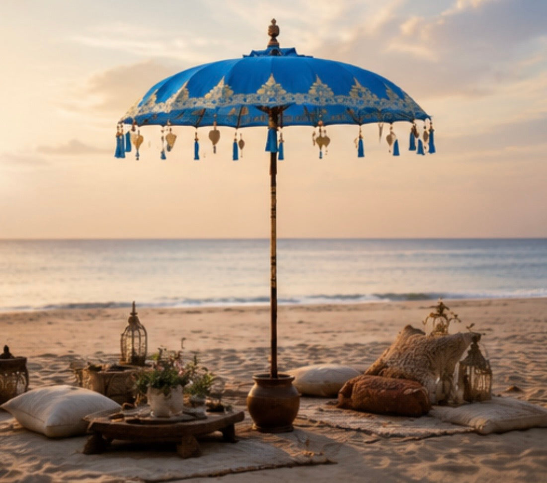 Bali-Terrassenschirm Baumwolle Blau-Gold (2 m)