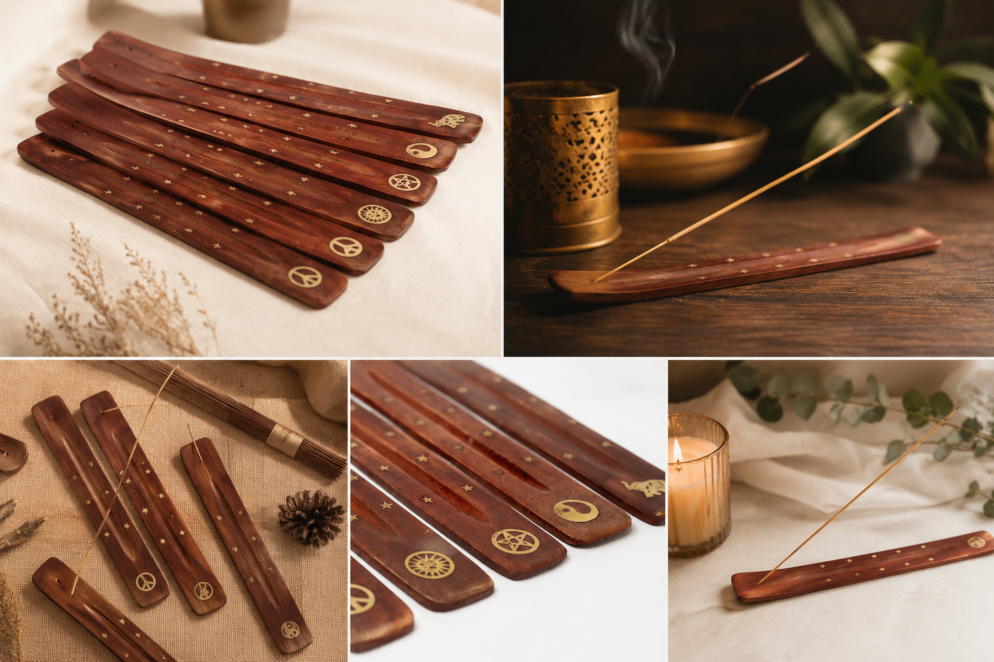 Handgefertigter Räucherstäbchenhalter aus Mangoholz mit Messing-Symbolen – Spiritueller Aschefänger (Indien)