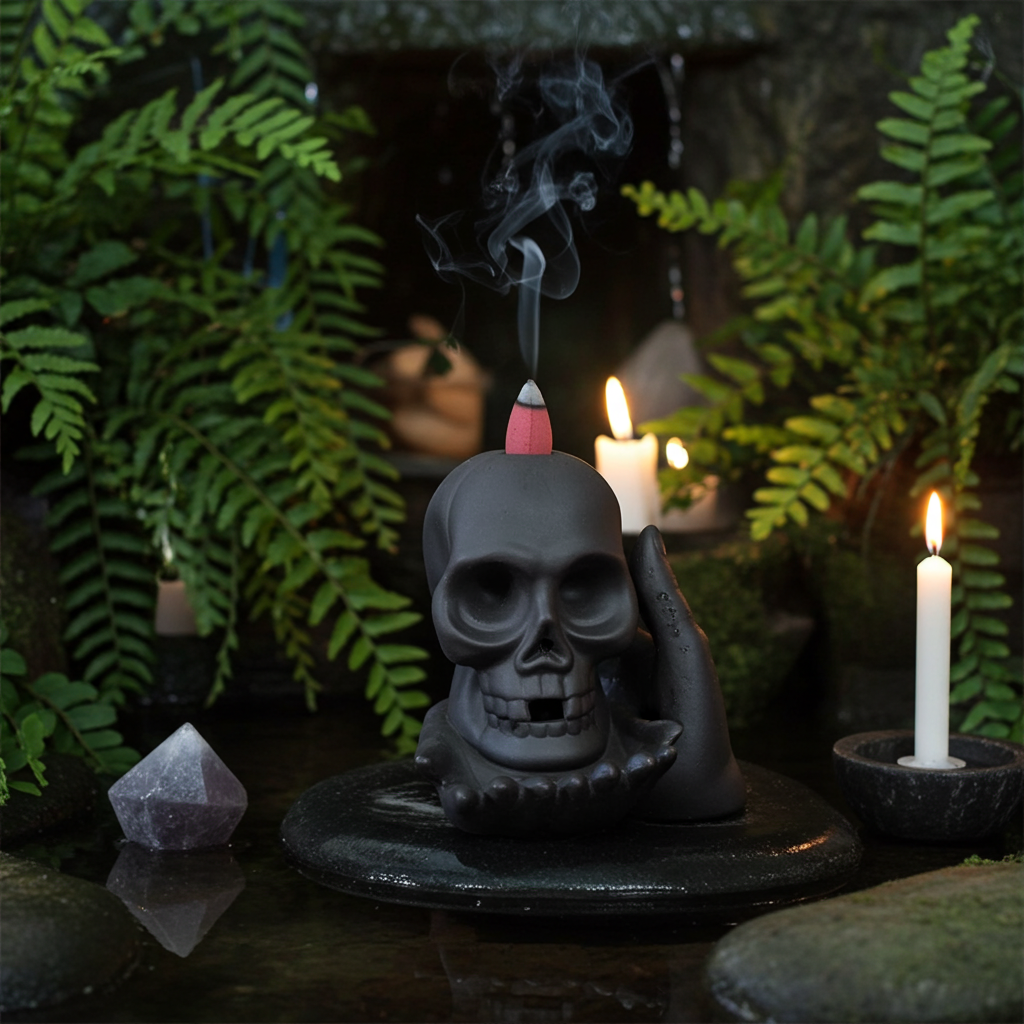 Rückfluss-Räuchergefäß „Weinender Totenkopf“ (mit Licht)