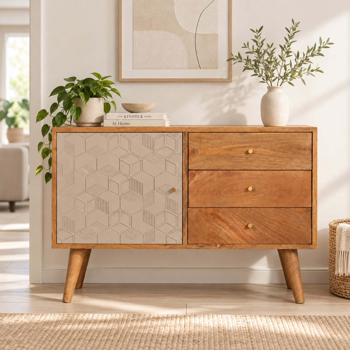 Acadia Sideboard aus massivem Mangoholz – Champagne Cube Design