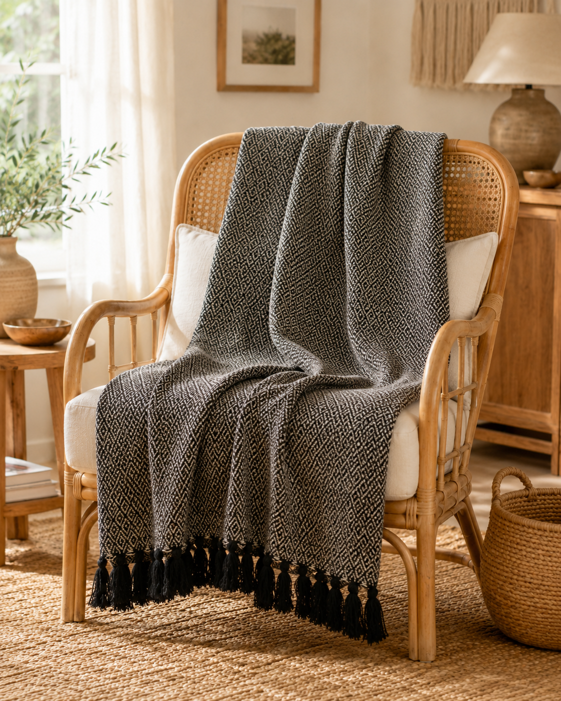 Boho-Überwurf „Anthrazit“, zweifarbig - 100% Baumwolle - 125 x 150 cm