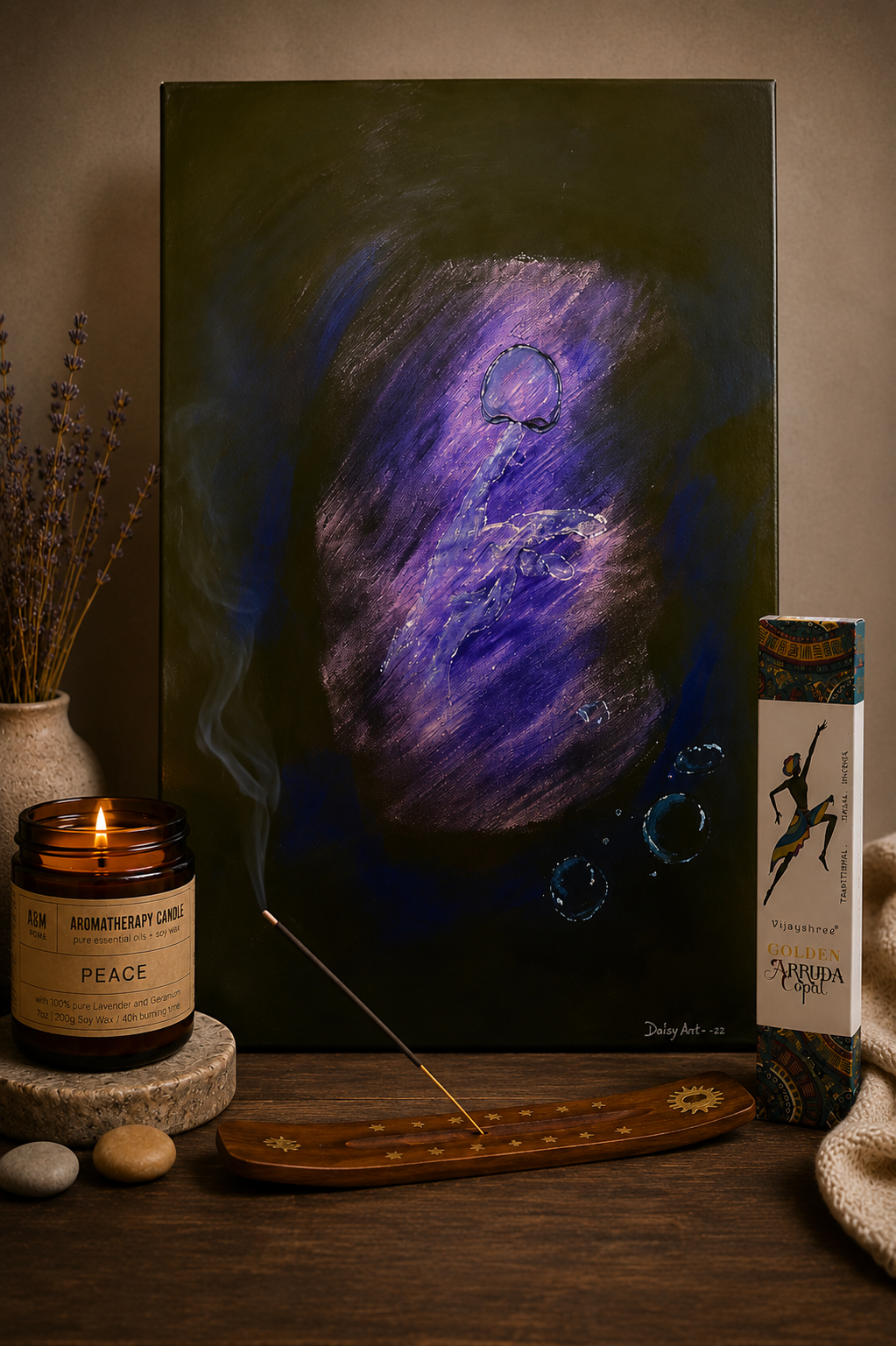 Original Kunstwerk-Under the Water – Acryl auf Leinwand - by Daisy Art Czeczor - zusätzlich Räucherstäbchen & Halter - Aroma Duftkerze