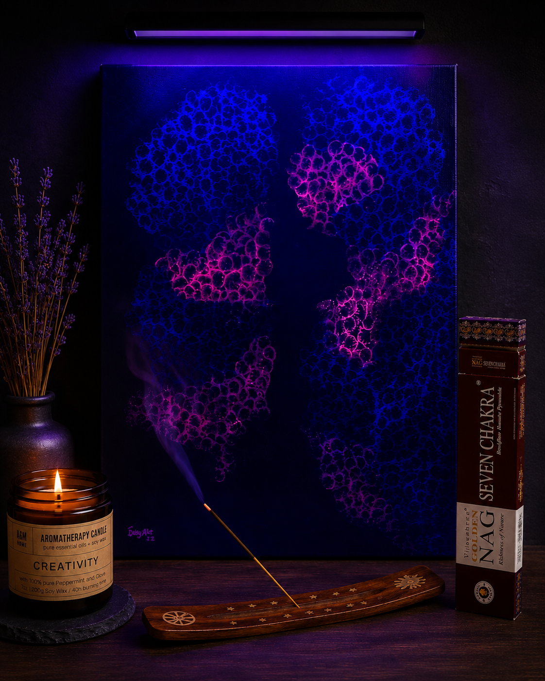 Original Kunstwerk-Genesis – Acryl & Neon auf Leinwand - by Daisy Art Czeczor - zusätzlich eine Schwarzlicht Lampe - Räucherstäbchen & Halter - Aroma Duftkerze