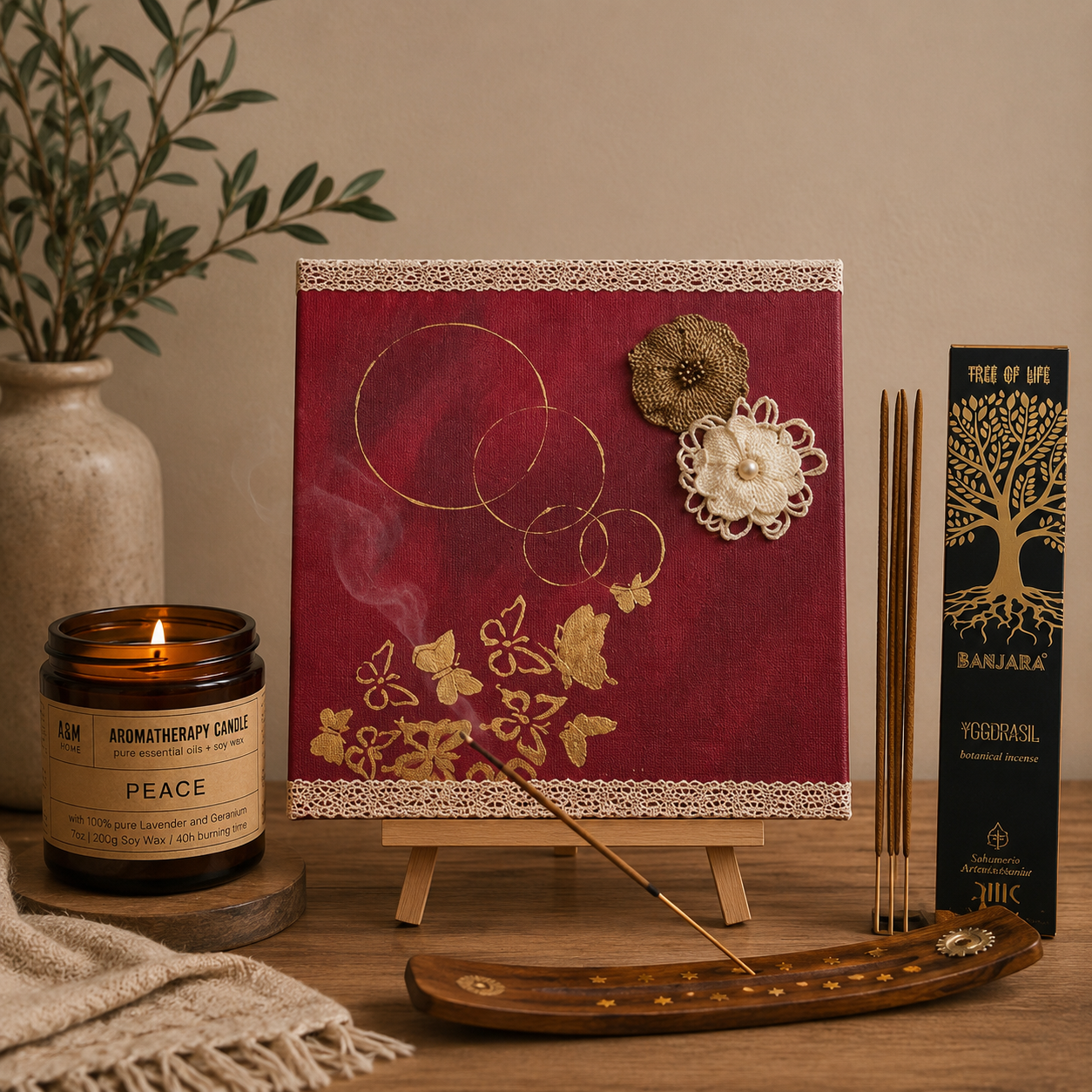 Wurzeln der Verwandlung - Original Kunstwerk- by Daisy Art Czeczor - zusätzlich Räucherstäbchen & Halter - Aroma Duftkerze