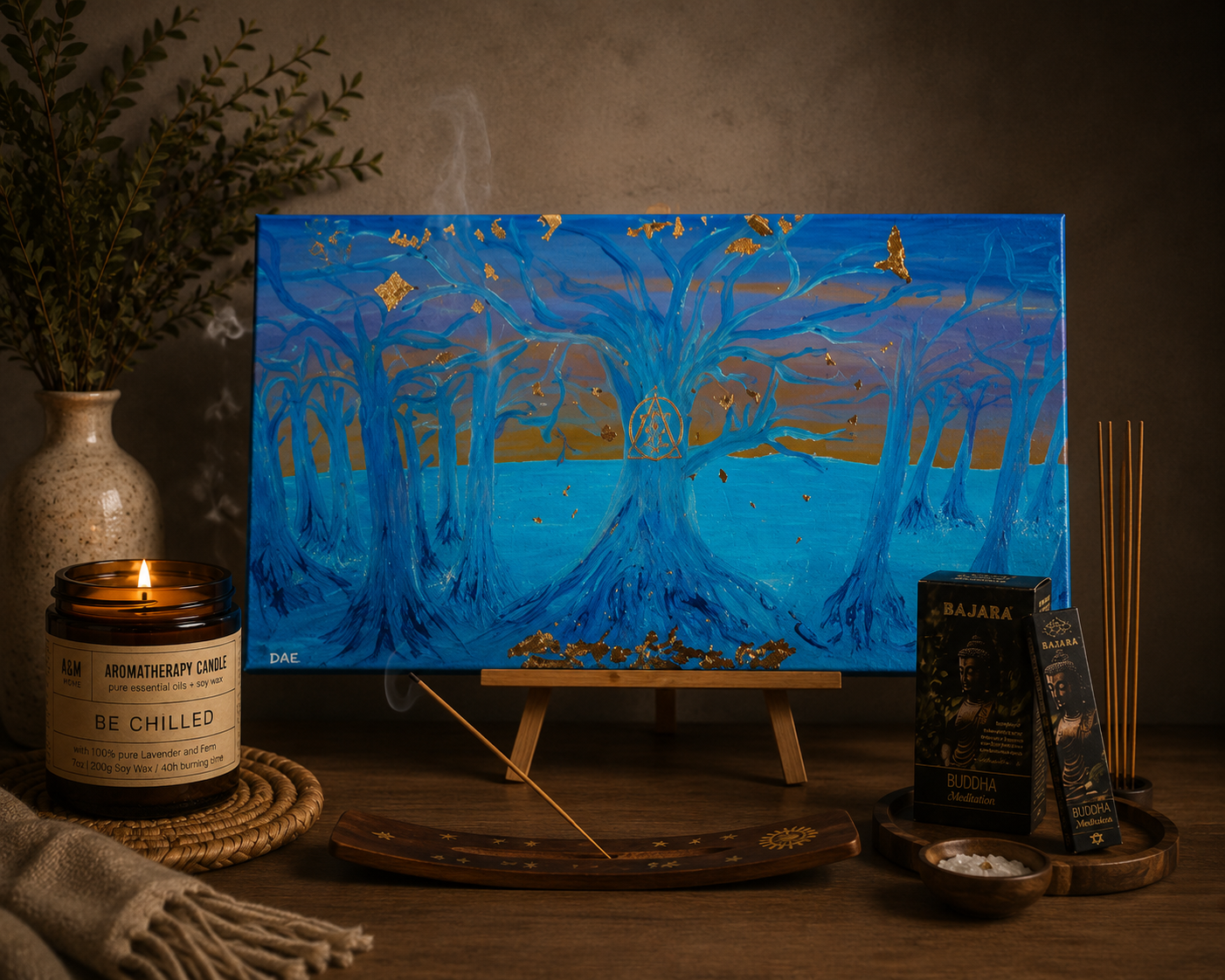 Original Kunstwerk-Wächter des goldenen Ursprungs - by Daisy Art Czeczor - zusätzlich Räucherstäbchen & Halter - Aroma Duftkerze
