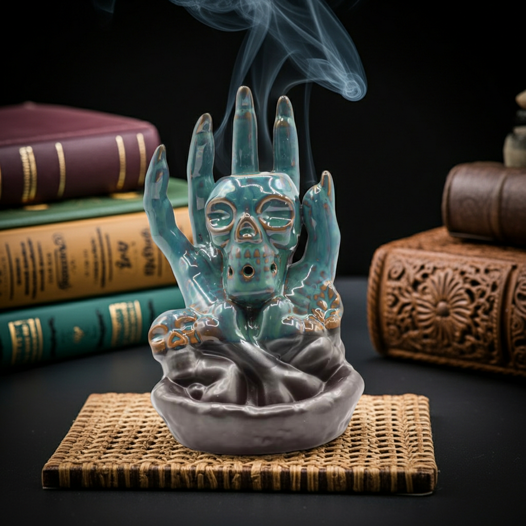 Rückfluss-Räuchergefäß – Totenkopf in der Hand